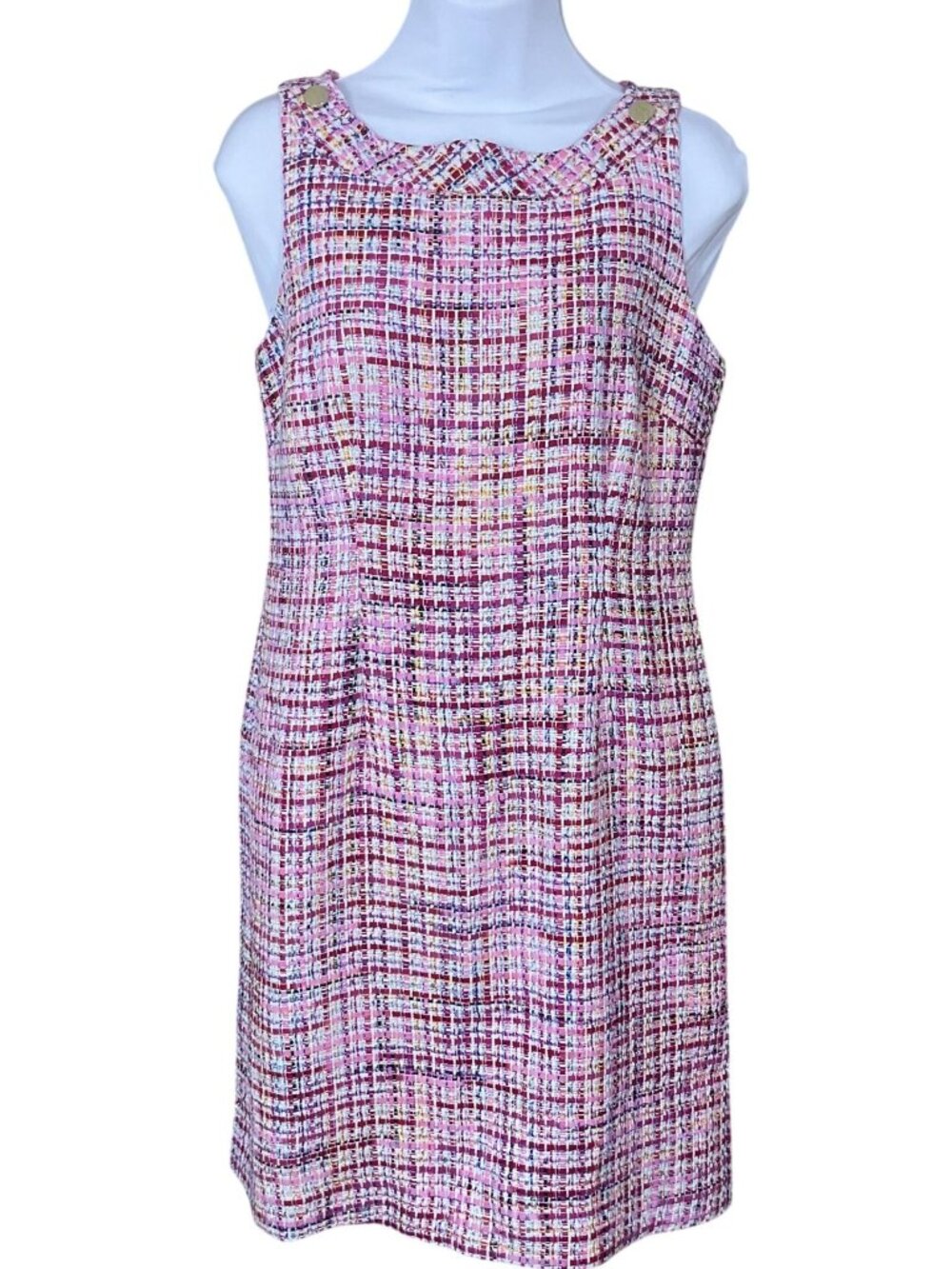 RSVP by Talbots Sleeveless Pink Ribbon Tweed Shift dress Goldtone Buttons 6P NWT